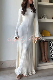 Clara Pleated Fabric Wavy Edges Bell Sleeve Tie-back Stretch Maxi Dress