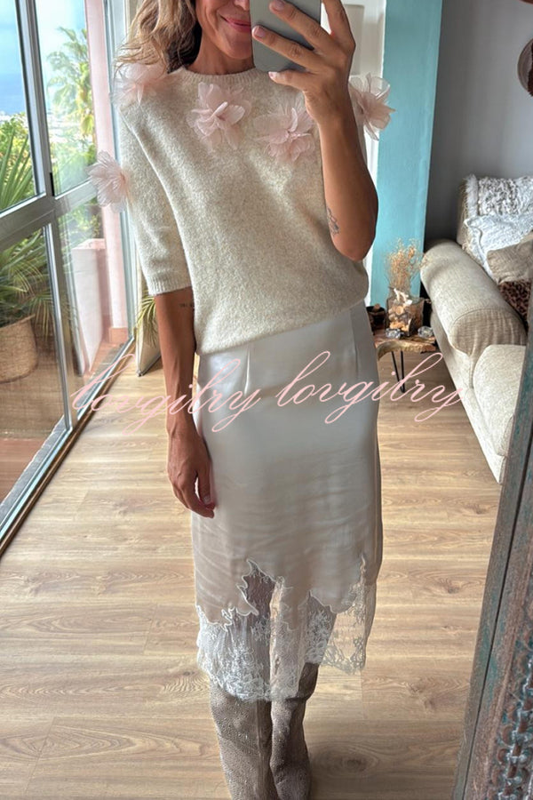 Lola Satin Lace Trim High Rise Side Zipper Loose Midi Skirt