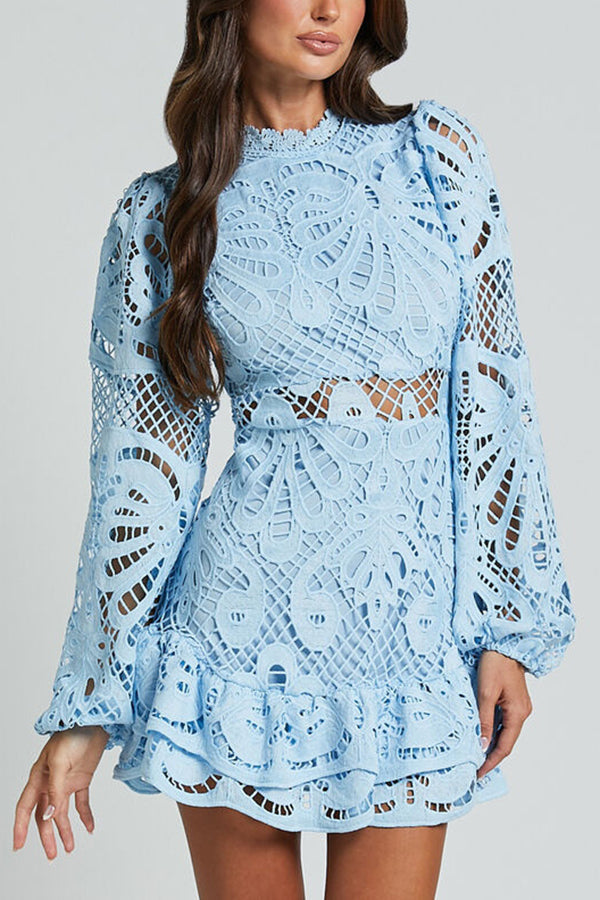 Solid Color Hollow Long-sleeved Waisted Lace Mini Dress