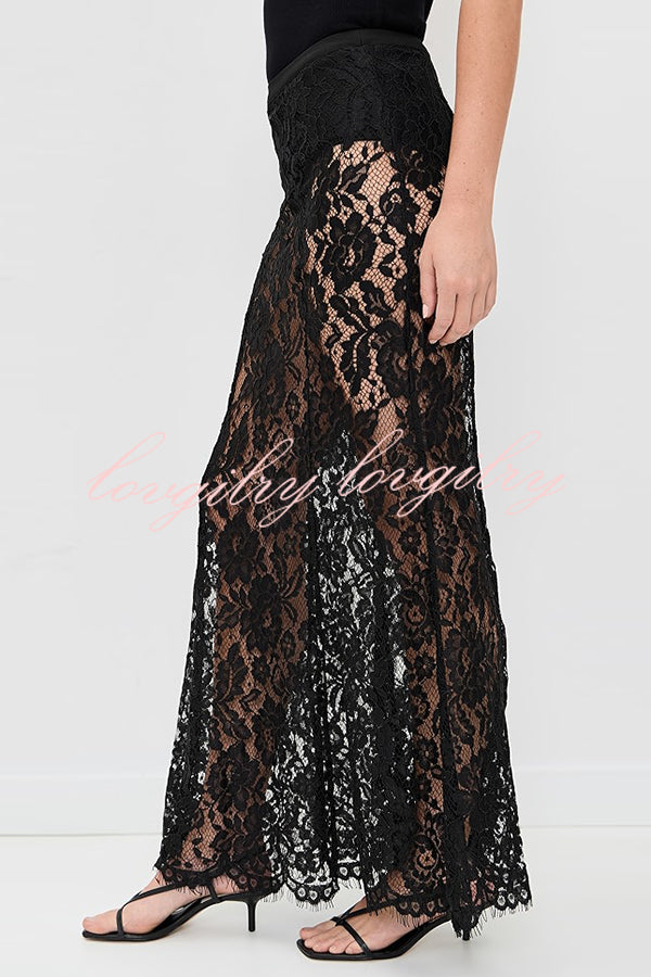Make An Entrance Floral Stretch Lace Mid Rise Flare Maxi Skirt
