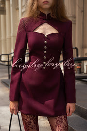 Elegant Long-sleeved Hollowed-out Button-down Slim-fit Mini Dress