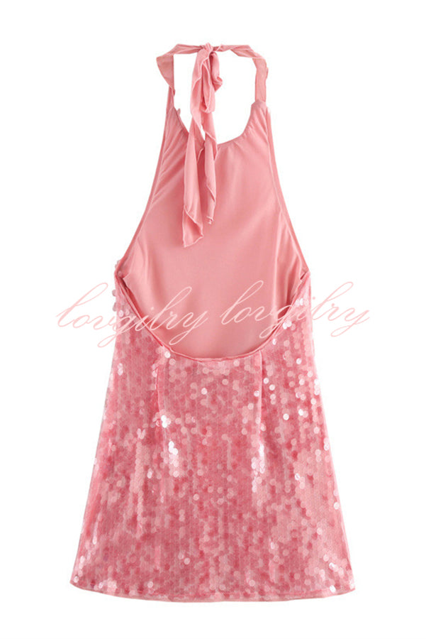 Sexy Rose Disc Sequin Halter Backless Mini Dress