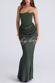 Attend The Gala Strapless Corset Satin Ruched Hip Drape Maxi Dress