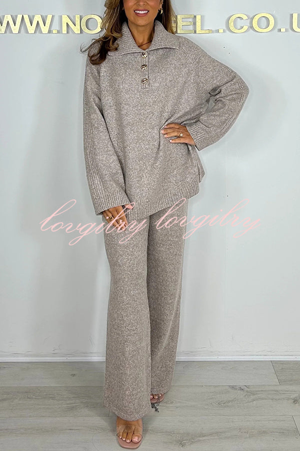 Solid Color Lapel Long-sleeved Loose Top and Elastic Waist Casual Pants Set