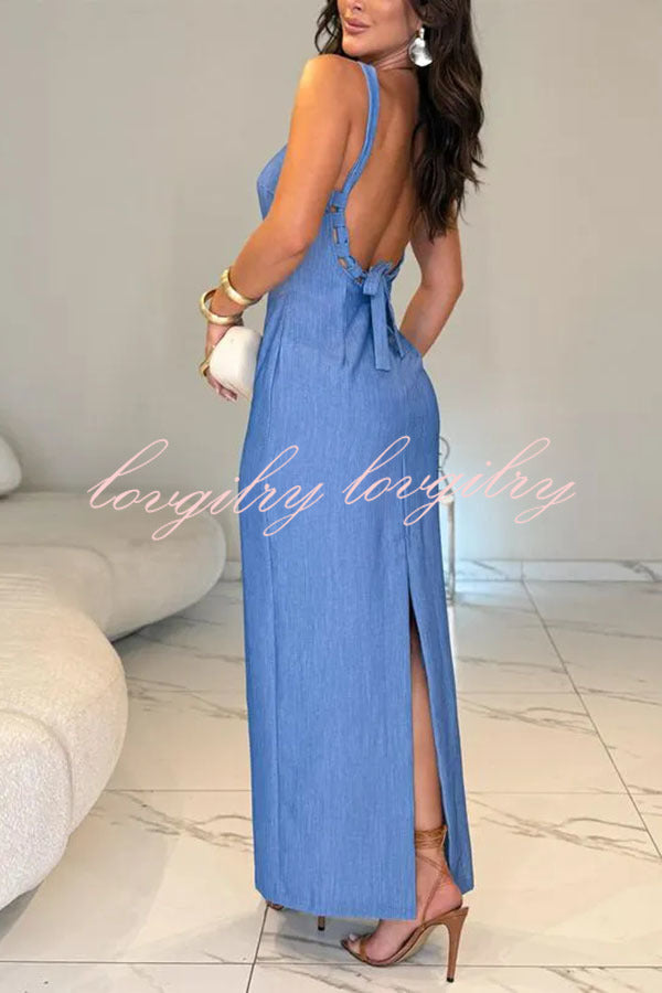 Effortless Chic Solid Color V-neck Backless Tie-up Slit Maxi Dress