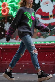 Christmas Holly Jacquard Loose Long-Sleeve Knit Sweater