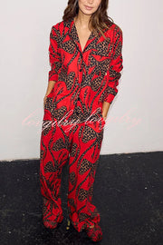 Stylish Colorblock Leopard Print Loose Shirt and Elastic Waist Pocketed Pajama Set