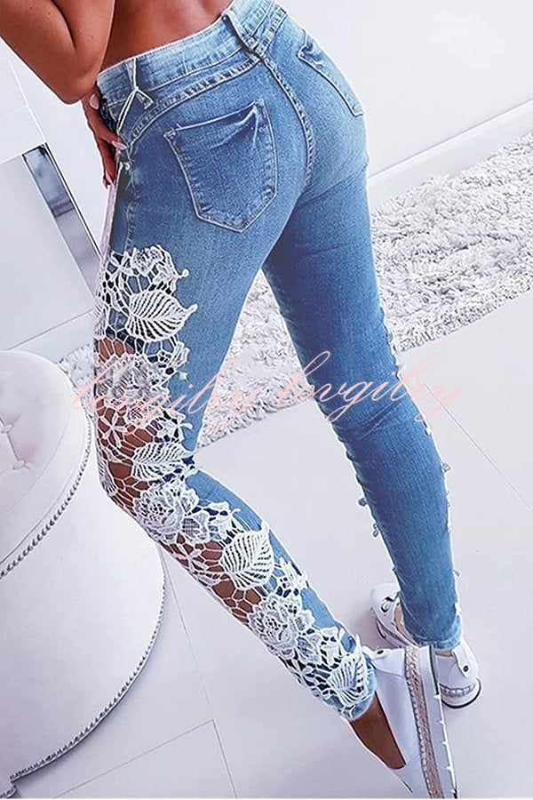 Sexy Side Lace Crochet Appliques Stretch Jeans