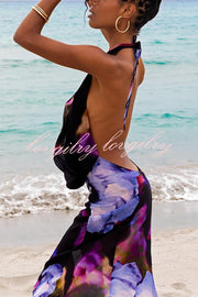 Bold and Sexy Tie-dye Abstract Floral Halter Drape Neck Backless Maxi Dress