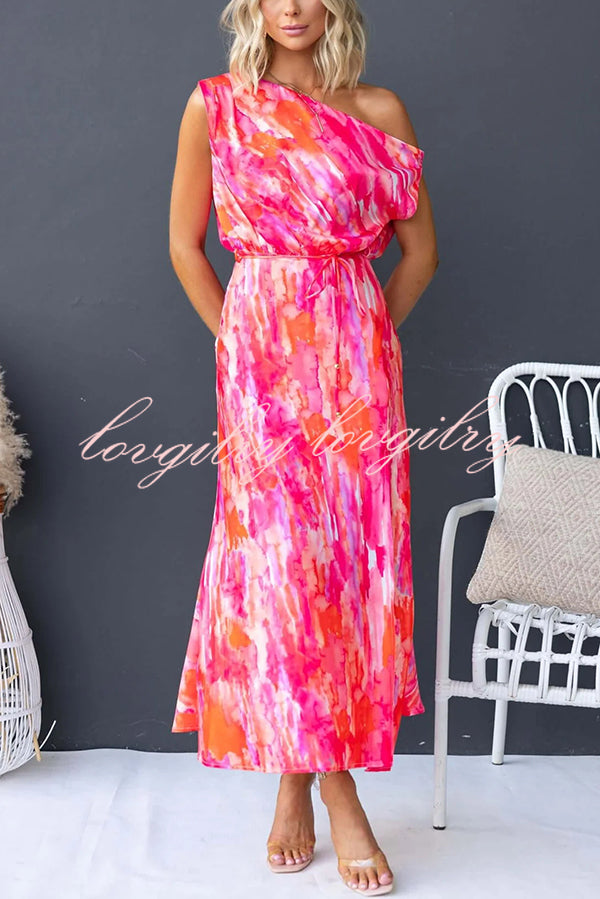 Satin Unique Print One Shoulder Tie Waist Slit Maxi Dress