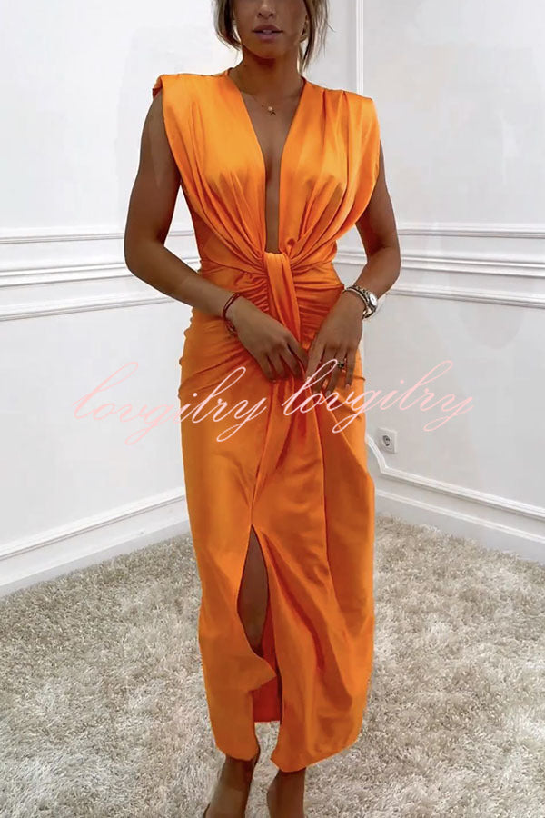 Classic and Sexy Dates V-neck Ruched Drape Slit Midi Dress