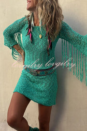 Wandering Angel Boucle Material Tassel Sleeve Stretch Vacation Mini Dress