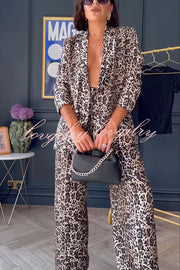 Wild Lifestyle Leopard Print Lapel Blazer and Elastic Waist Pocketed Wide Leg Pants Set