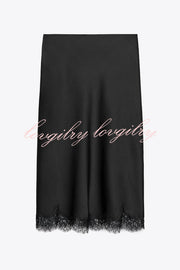 Dolly Satin Lace Trim Mid Rise Slit Drape Midi Skirt