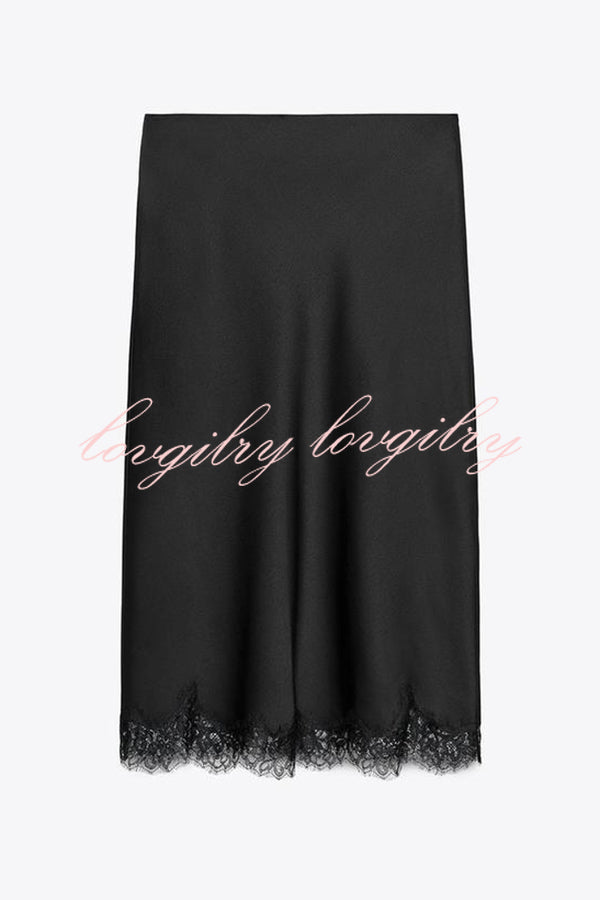 Dolly Satin Lace Trim Mid Rise Slit Drape Midi Skirt