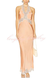 Anniversary Sweet Satin Lace Trim Halter Backless Maxi Dress