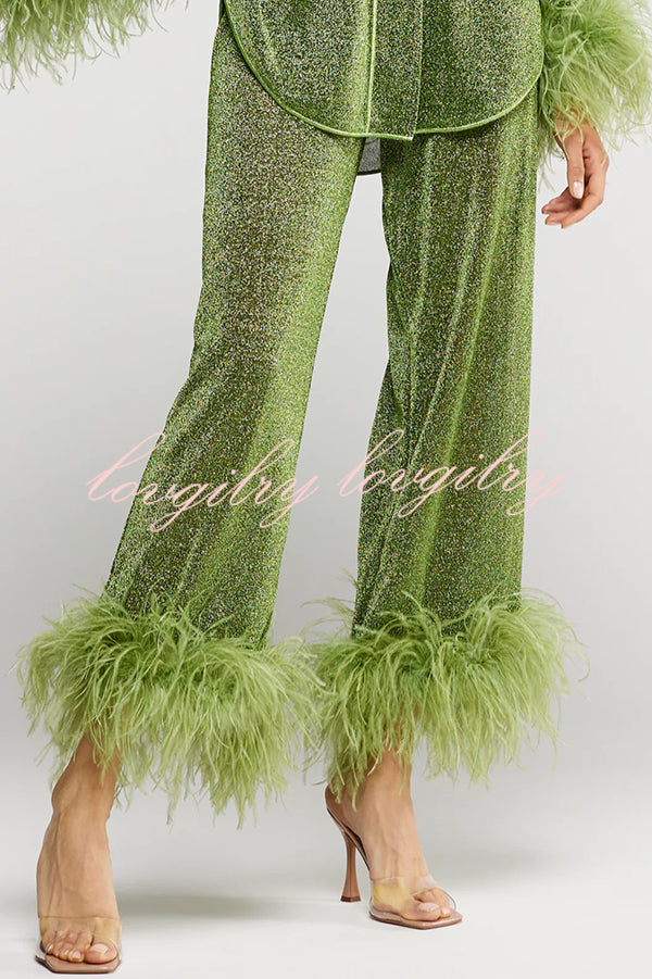 Glitter Fabric Feather Trim Long Sleeve Button Top and Elastic Waist Loose Straight Pants Set