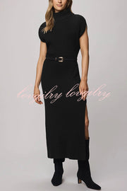 Solid Color Sleeveless Knitted Elegant Waist Midi Dress