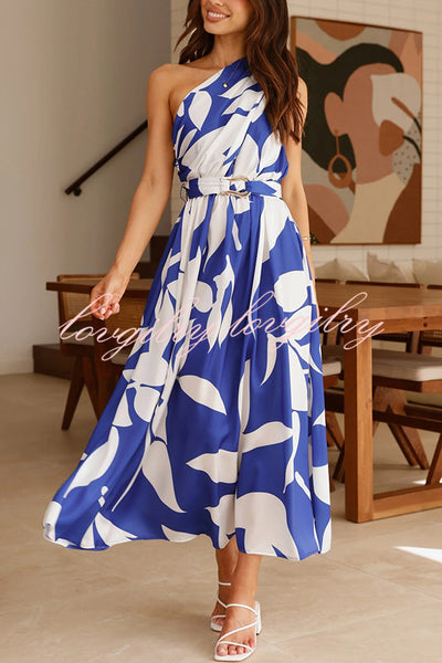 Unique Print Sleeveless One Shoulder Belted Maxi Dress