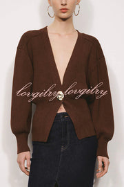 Only Yours Knit Metal Leaf Shape Button Lantern Sleeve Relaxed Cardigan