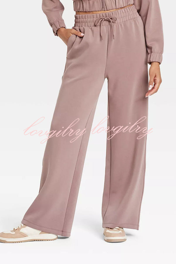 Airy Sleek Full Zip Jacket and High Rise Elastic Waist Pocket Wide Leg Sweatpants Set