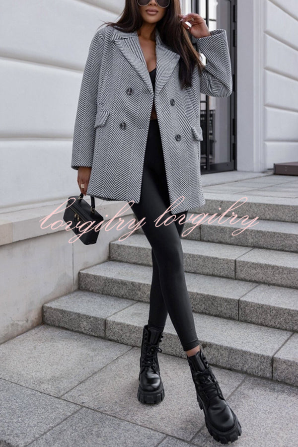 Fashion Stripe Print Lapel Pocket Coat