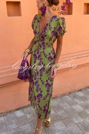 Botanical Print V-neck Puff Sleeve Midi Dress