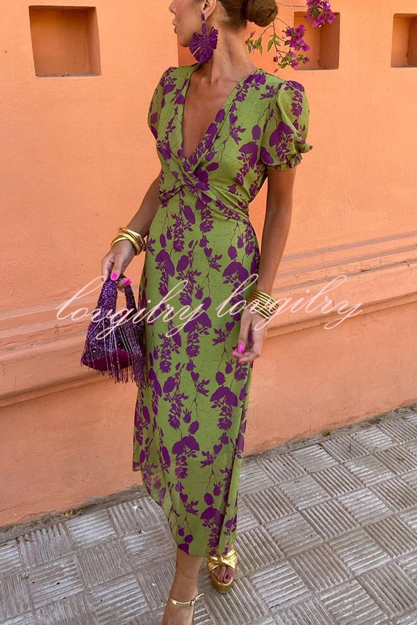 Botanical Print V-neck Puff Sleeve Midi Dress