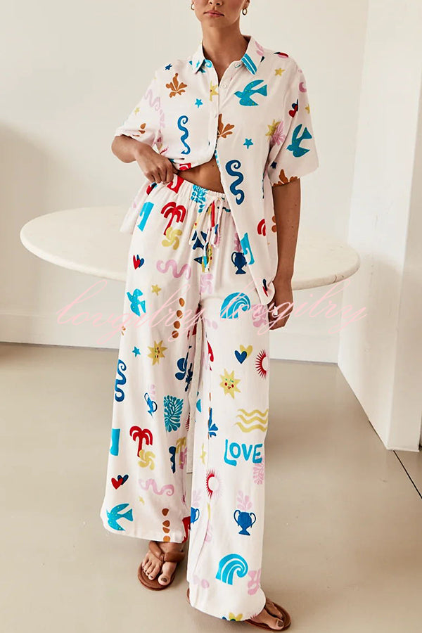 Summer Beach Element Printed Button Lace Up Pocket Pants Suit