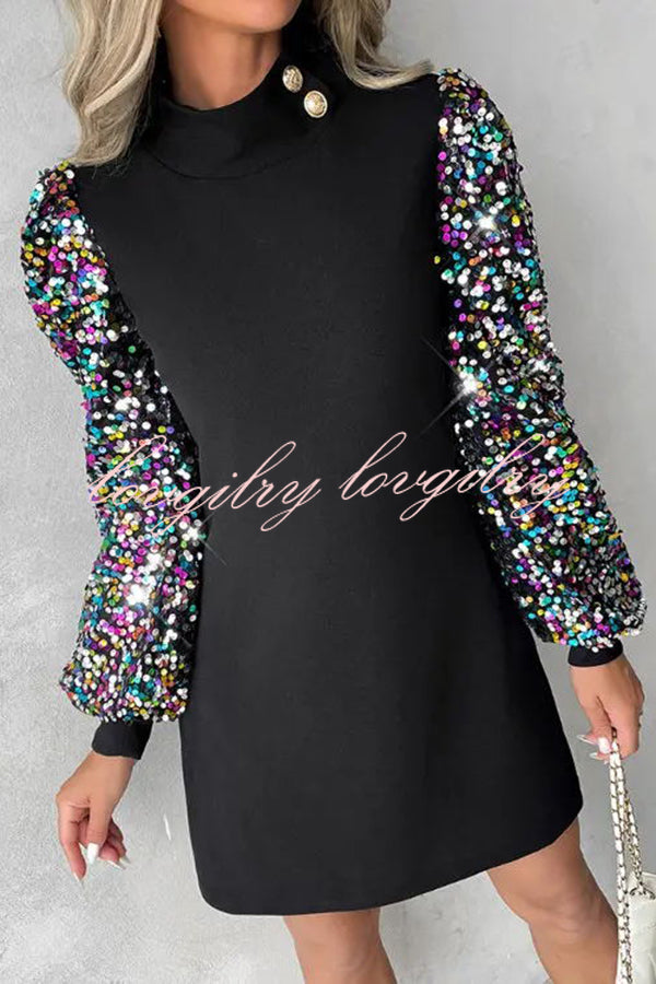 Color Block Turtleneck Balloon Sleeves Sequined Button Mini Dress