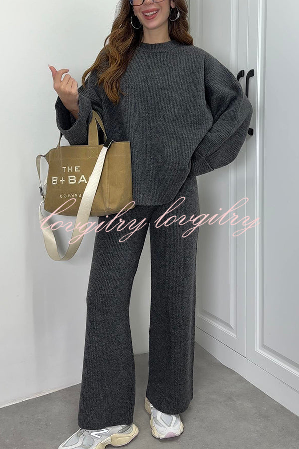 Solid Color Loose Long-sleeved Knit Top and Elastic Waist Casual Straight Leg Pants Set