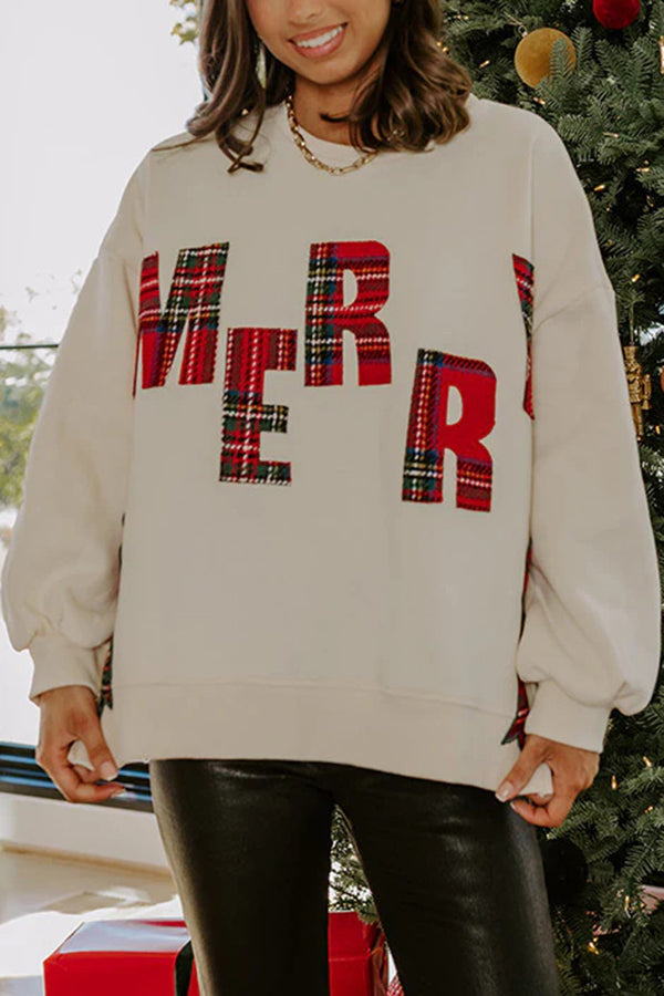 Merry Plaid Embroidered Bow Long-Sleeve Loose Sweatshirt
