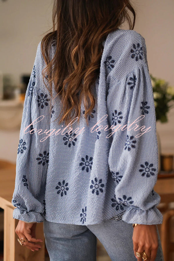 Fashionable Embroidered Floral Casual Long-Sleeved Loose Top