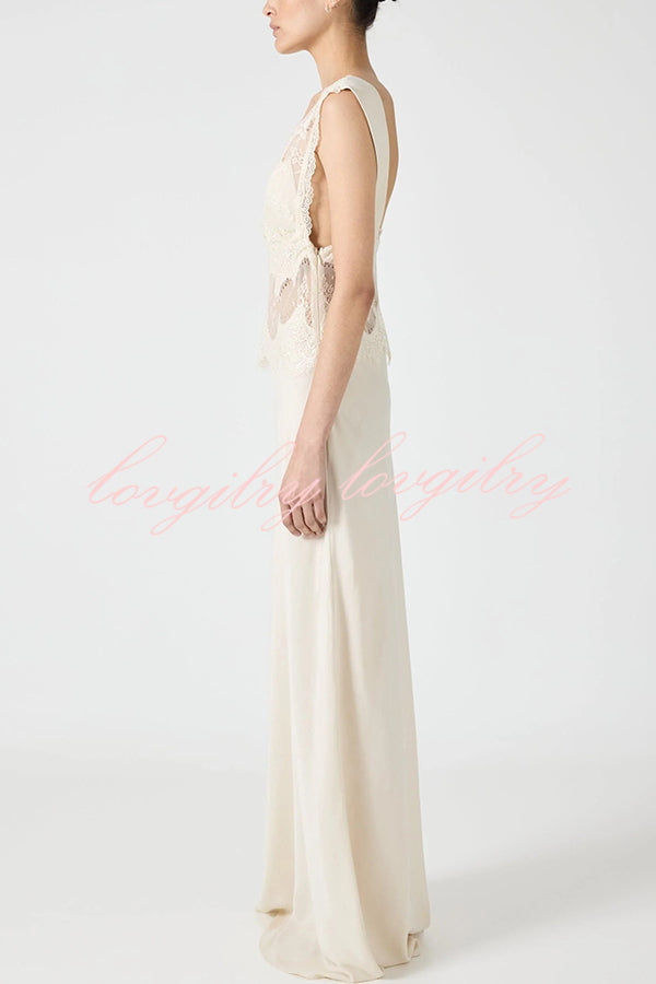 Wonderful Fusion Satin Lace Trim See-through Waist V-neck Drape Maxi Dress