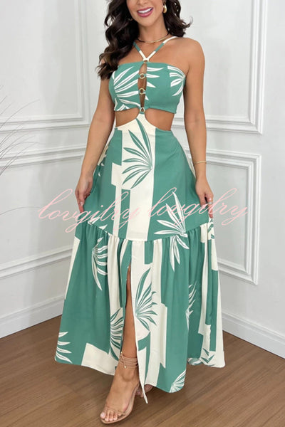 Farrier Printed Front Hollow Ring Design Cutout Slit Maxi Dress