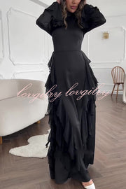 Cline Solid Color High Neck Long Sleeve Elegant Ruffles Maxi Dress