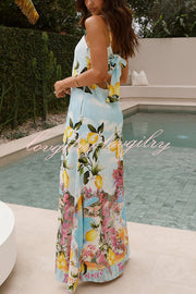 Summer Lemon Print Elegant Suspender Back Lace Up Maxi Dress