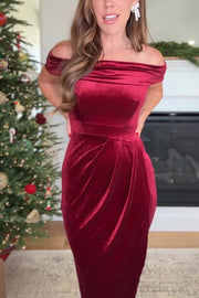 Solid Color Velvet Off-shoulder Slim-fit Elegant Slit Midi Dress