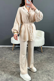 Solid Color Long-sleeved Loose Tie Shirt and Casual Straight Pants Set