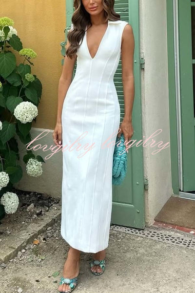 Define Elegance Patchwork Vertical Seams Shirt Neck Stretch Midi Dress