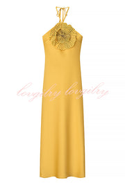 Fashionable Beaded Large Flower Decoration Halter Neck Backless Maxi Dress