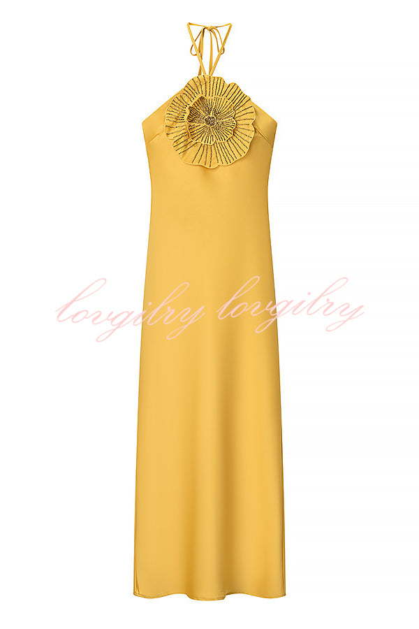 Fashionable Beaded Large Flower Decoration Halter Neck Backless Maxi Dress