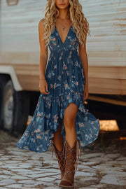 Floral Print V-neck Sling Waist Irregular Midi Dress