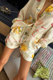 Funny Vacation Unique Printed Long Sleeve Shirt and Elastic Waist Pocket Loose Shorts Set