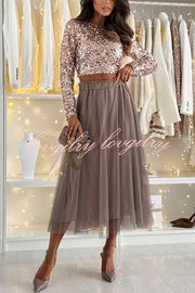 Holiday Party Tulle High Rise Elastic Waistband A-line Midi Skirt