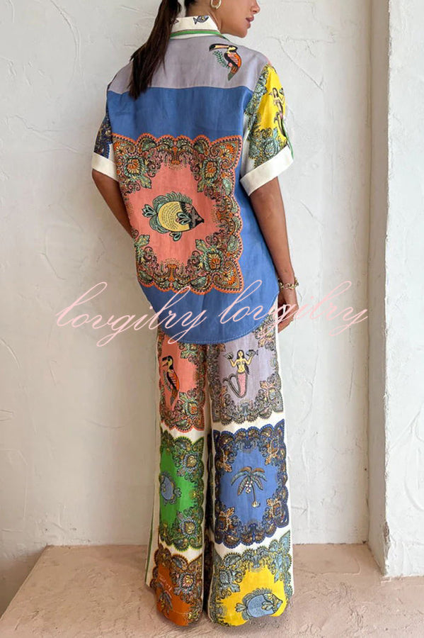 Sunny Delights Linen Blend Mermaid Print Elastic Waist Pocketed Wide Leg Pants