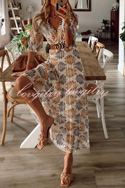 Botanical Print Pleated Long Sleeved Maxi Dress