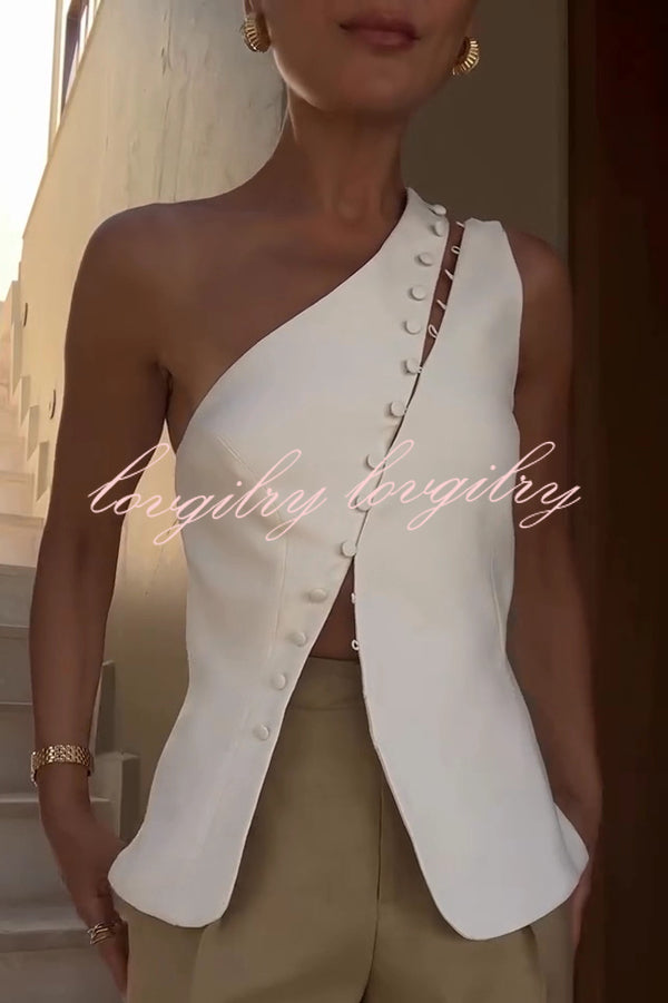 Full of Design Solid Color One Shoulder Asymmetric Slit Button Casual Vest