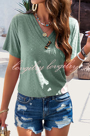 Temperament and Casual Buttoned V Neck Hollow Short Sleeved Top