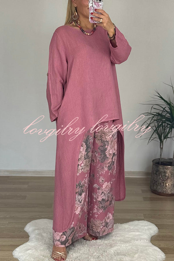 Linen Blend Crew Neck Long Sleeve Irregular Loose Top and Elastic Waist Floral Print Casual Pocket Set
